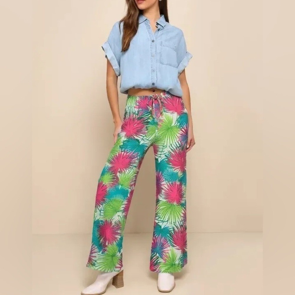 Rose + Olive Anthropologie‎ Tropical Wide Leg Pants S Palm Print Pockets Boho